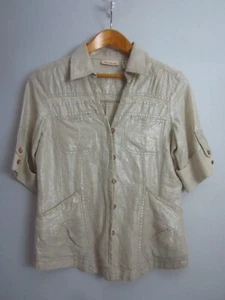 DKNY Jeans Womens S Beige Metallic SS 100% Linen Eyelet Embroidery Cargo Shirt - Picture 1 of 14