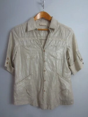 Camisa cargo DKNY Jeans Mujer S Beige Metálico SS 100 % Lino Ojales Bordados Foto 1 de 4