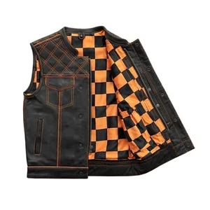 Men's Leather Vest -- Orange Checker & Orange Thread Concealed Waistcoat - Picture 1 of 5