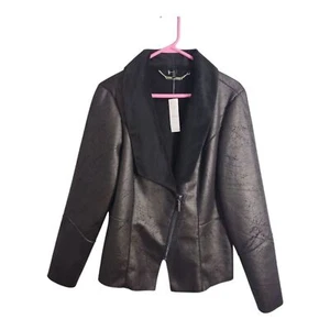 WHBM Faux Shearling Moto Preppy Office Neutral Boho Assymetrical Zipper Jacket L - Picture 1 of 11