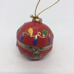 Red Porcelain Hinged Christmas Ball Ornament Gold Tone Metal 2” Diameter - Picture 1 of 12