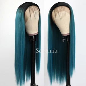 Ombre blaue Haarperücke Synthetik Spitze Frontperücken gerade hitzebeständig faser weich - Bild 1 von 5