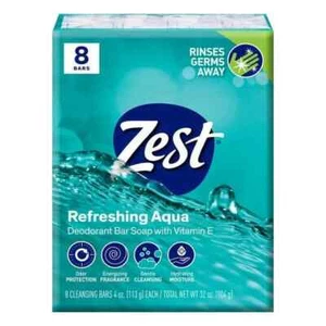 Zest Deodorant Bar Soap, Hydrating Moisture for All Skin Types, Aqua, 4 oz, 8 Ba - Picture 1 of 5
