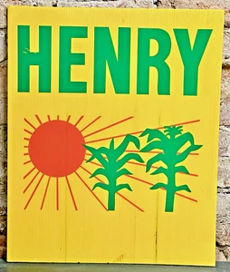 VINTAGE HENRY SEED CORN YELLOW POLY FARM FIELD ADVERTISING SIGN 18x18 - 2 SIDED - Bild 1 von 4