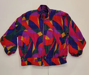 Vintage 90s Womens Bomber Jacket Geometric Multicolor Shoulder Pads Hip Hop - Picture 1 of 9