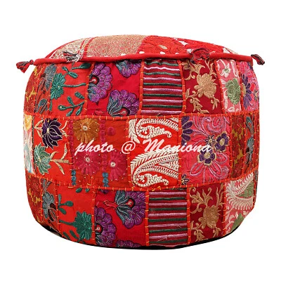 Indian Patchwork Ethnic Ottoman Footstool Bohemian Pouffe Cover Sari Pouf 22Inch - Image 1 of 4