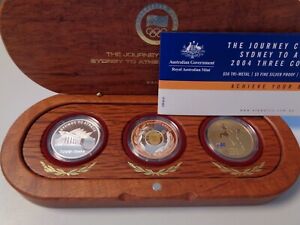 AUSTRALIEN 2004 - Olympia Set mit 3 Münzen 2x5 + 50 Dollars in Silber + Gold, PP