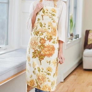 April Cornell Antoinette Floral Chef 100% Cotton Apron Ecru Gold Green Brown - Picture 1 of 3
