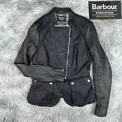 BARBOUR International Women Blade Mid Leather Black Asymmetrical Woven Jacket 6 - Image 1 of 4