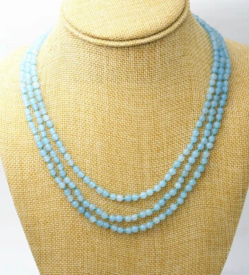 Collar con cuentas gemas redondas aguamarina azul claro natural de 3 filas de 4 mm 17-19"" AAA Foto 1 de 3