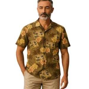 Tommy Bahama Hawaiian Shirt Mens Large Brown Floral Post Card Camp Beach - Picture 1 of 5