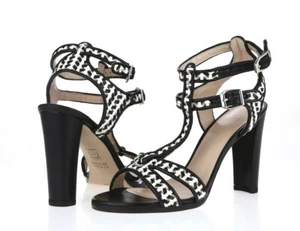Sandali donna Stuart Weitzman nero bianco pelle fibbia cinturino a T misura 7,5 M - Foto 1 di 5