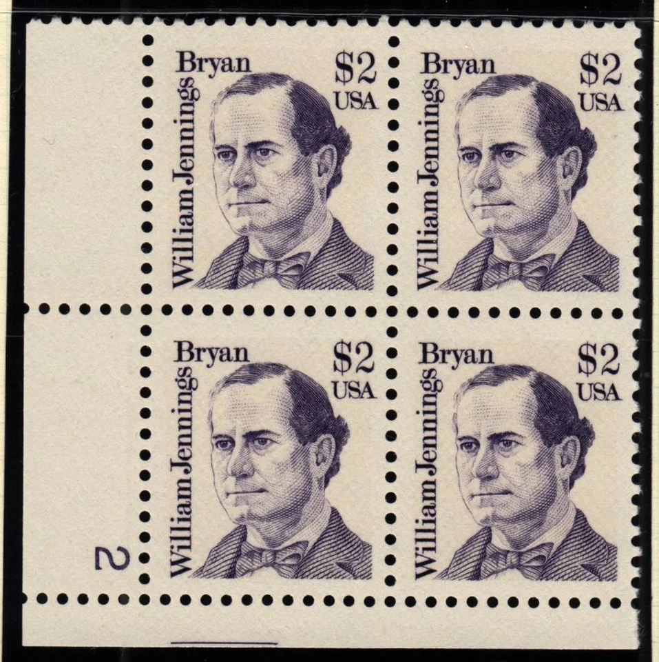 1986 William Jennings Bryan $2 Sc 2195 MNH plate block plate number 2 LL - Image 1 of 1