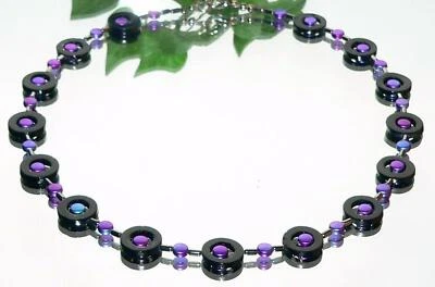 Halskette Kette Perlmutt Donut schwarz Two color  Perlen lila blau  406j - Bild 1 von 4