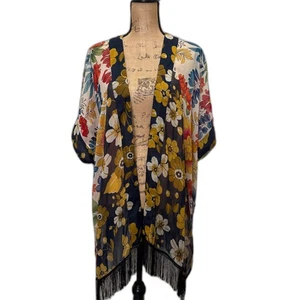 Kohls SO brand Dark Floral Kimono Sheer Open Front Fringe Trim Bohemian One Size - Picture 1 of 4