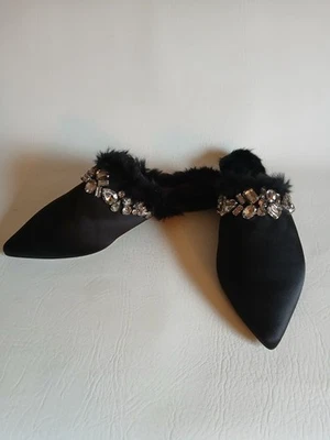 Women's Isaac Mizrahi  Black Fabric Faux Fur Rhinestones Flat Pointed Toe Mules - Image 1 of 4