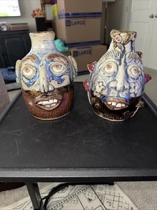 N. GA. folk art Pottery Man & Women Ugly Face Jug Pottery By Denise Smith - Picture 1 of 9