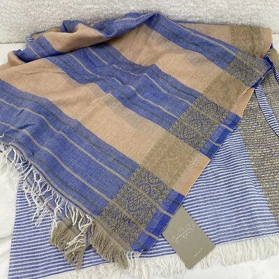 Anthropologie Saachi Bufanda Azul Taupe Rayas Algodón Seda India 82 x 80 Nuevo con Etiquetas Foto 1 de 4