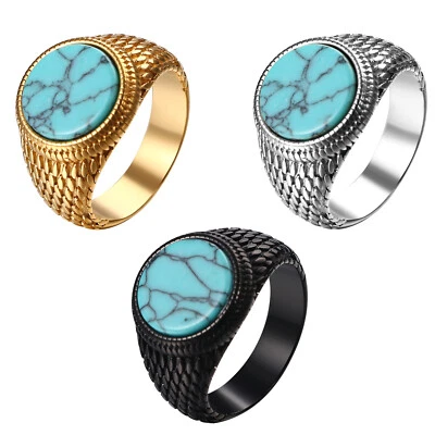 Classic Stainless Steel Turquoise Gemstone Signet Band Scales Design Ring #7 -13 - Image 1 of 4