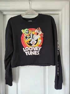 Looney Tunes Black Cropped Pullover Sweatshirt Bugs Bunny Unisex Size Medium - Picture 1 of 7