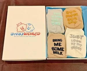 4 Pairs Baby Socks with Funny Sayings on the Bottom. NEW GIFT SET IN BOX. - Picture 1 of 4