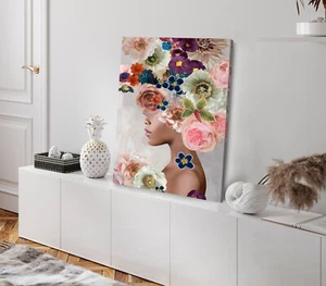 Flowers Headdress Girl Watercolor Painting Stretched Canvas 40x50cm Print - Picture 1 of 2