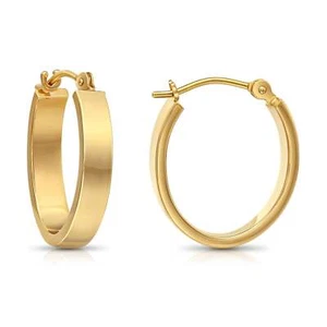 14K Real Solid Gold Shiny Polished Oval Plain Creole Flat Tube Hoop Earrings - Picture 1 of 11