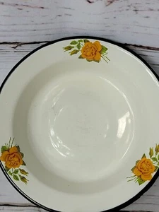 Vintage Enamelware Bowl 7" White W/Black Trim Yellow Rose and Buds - Picture 1 of 8