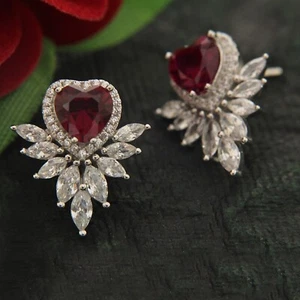 Heart Cut Simulated Red Ruby Halo Women's Stud Earrings In 14k White Gold Plated - Picture 1 of 6