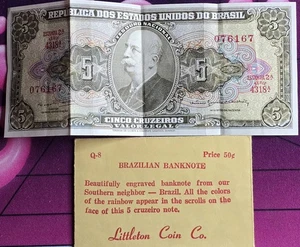 1962 Brazil 5 Cruzeiros UNC Note Republica Dos Estados Unidos do Brasil Exellent - Picture 1 of 2