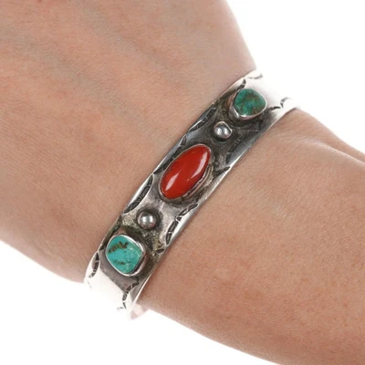 6.625" Vintage Navajo Silver turquoise and coral cuff bracelet - Image 1 of 4