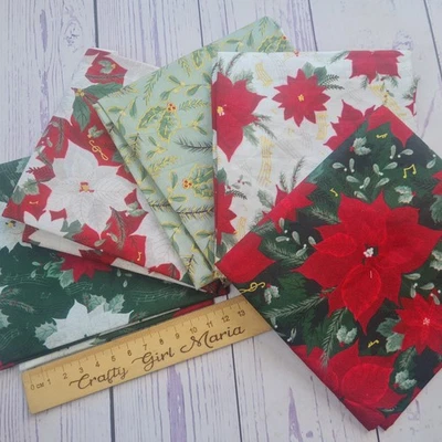 Jolly Poinsettia Christmas metallic cotton fat quarter bundle 5 pk quilt fabric - Image 1 of 4