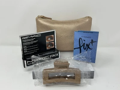 PAQUETE MAC de 4: Bolsa de cosméticos MAC Nordstrom dorada ~ Clip de garra de pelo raro ~ Nuevo Foto 1 de 4