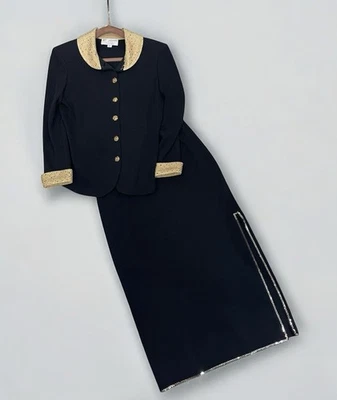 St John Evening Santana Knit Maxi Suit Black Gold 2pc Set Sz 6 Jacket Sz 4 Skirt - Image 1 of 4
