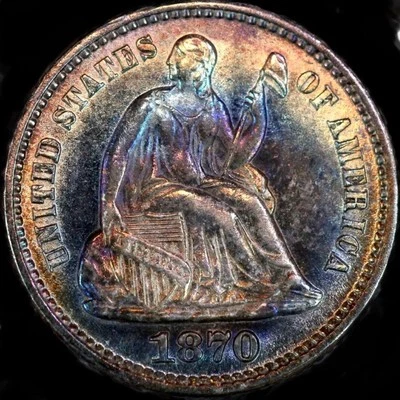 1870-P SUPERB+ GEM BU MS SEATED LIBERTY HALF-DIME RAINBOW COLOR TONING - Image 1 of 4