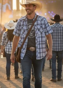 Fossil Vintage Fit Blue Plaid Short Sleeve Pearl Snap Shirt Men's L Western - Picture 1 of 8