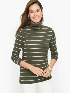 Top collo alto Talbots Petite LP verde oliva bianco righe manica lunga cotone - Foto 1 di 10