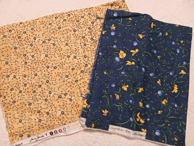 Moda Cotton Fabric Yellow & Blue Flowers Floral 2 Diff Patterns Pieces from Hear - Image 1 of 4