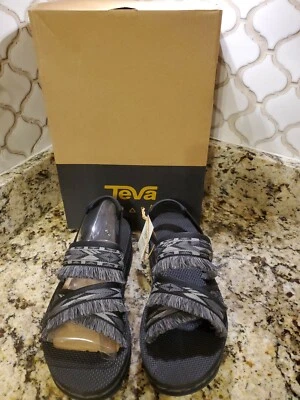 Black Teva Platform Fringed Ceres Double Diamond  Women's sandals Sz 8,New Foto 1 de 4