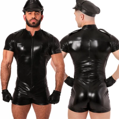 Mens Bodysuits PU Leather Catsuit Zip Short Sleeve Leotard Clubwear With Gloves - Image 1 of 4