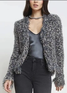 L'Agence Grey Tweed  Azure Fuzzy Boucle Cardigan M NWOT - Picture 1 of 10