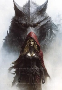 RED RIDING HOOD WARRIOR ART PRINT, Gothic Fantasy Wolf Decor, Sexy Woman Poster - Picture 1 of 2