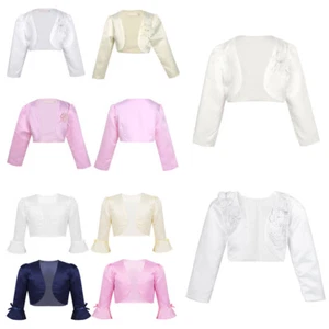 Kids Girls Epplique Satin Cardigan Long Flare Sleeve Curved Shrug Party Bolero - Picture 1 of 54