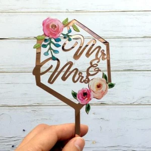 Wedding Bride Acrylic Mr Mrs Cake Topper Rose Gold Mirror Hexagon Pink Flower - Picture 1 of 1
