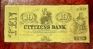1850er CITIZENS BANK BALTIMORE MARYLAND 10 $ ZEITGENÖSSISCHE FÄLSCHUNG PROOF PROBE? - Bild 1 von 4