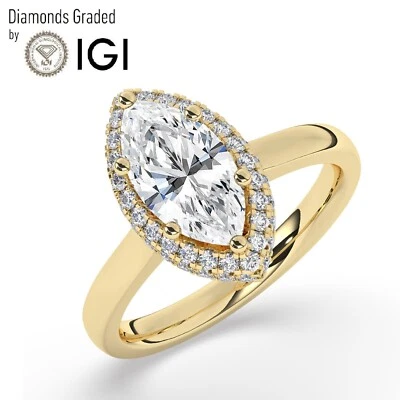 Marquise Solitaire Halo 18K Yellow Gold Engagement Ring, 3 ct, Lab-grown IGI - Image 1 of 4