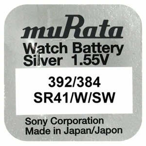 1x Murata 392 ehemals Sony Knopfzelle Uhren-Batterie 384 / 392 / SR 41 SW / SR 4