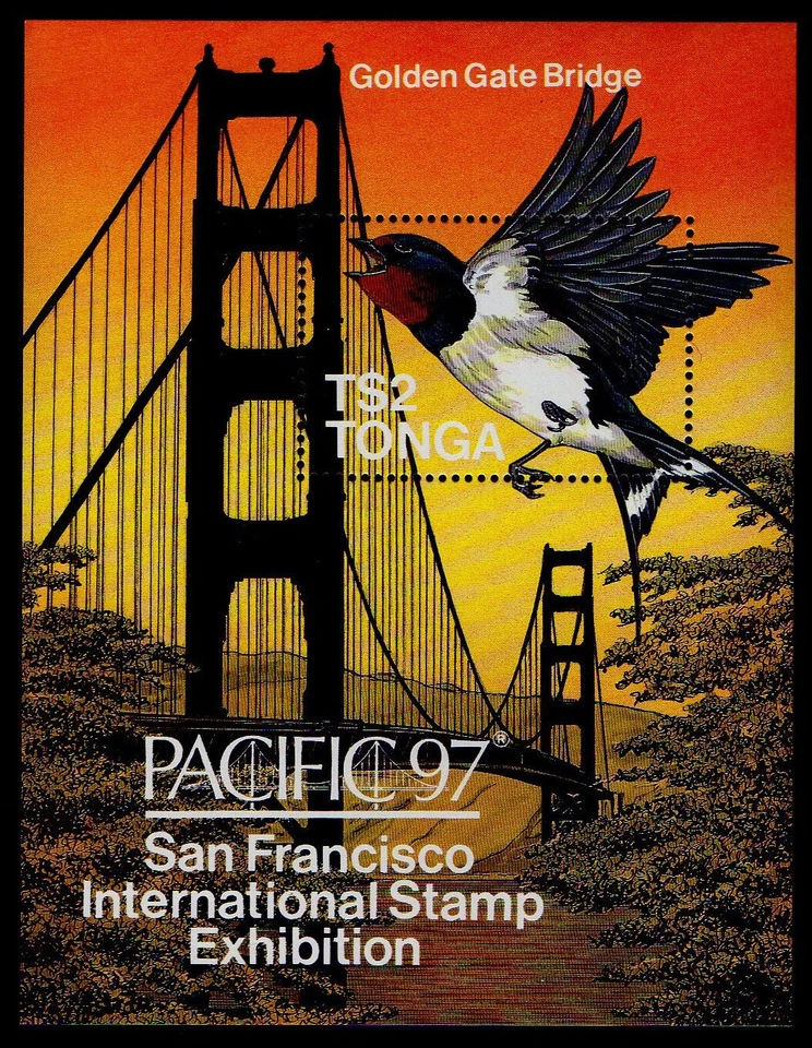 TONGA, SCOTT # 963, MINI SHEET OF GOLDEN GATE BRIDGE, PACIFIC 97, PEACE BIRD MNH - Image 1 of 1