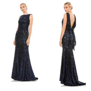 Ieena Mac Duggal Azul Medianoche Negro Lentequilla Cortina Espalda Trasera Vestido Trompeta Talla 6 $398 - Imagen 1 de 3