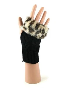 Women Knitted Trim Warmer Fingerless Leopard Rabbit Mitten Faux Fur Black Gloves - Picture 1 of 5